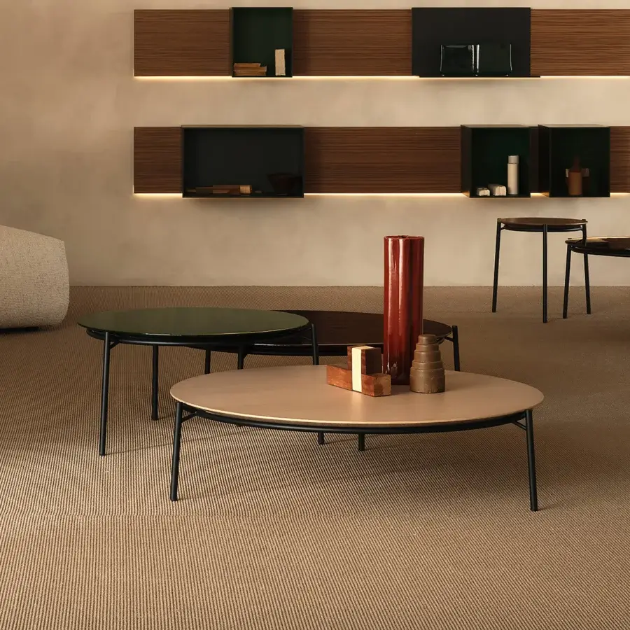 Superior MDF Italia Cantle low coffee & side table with Canaletto walnut tabletop and dark-toned steel frame in satin finish