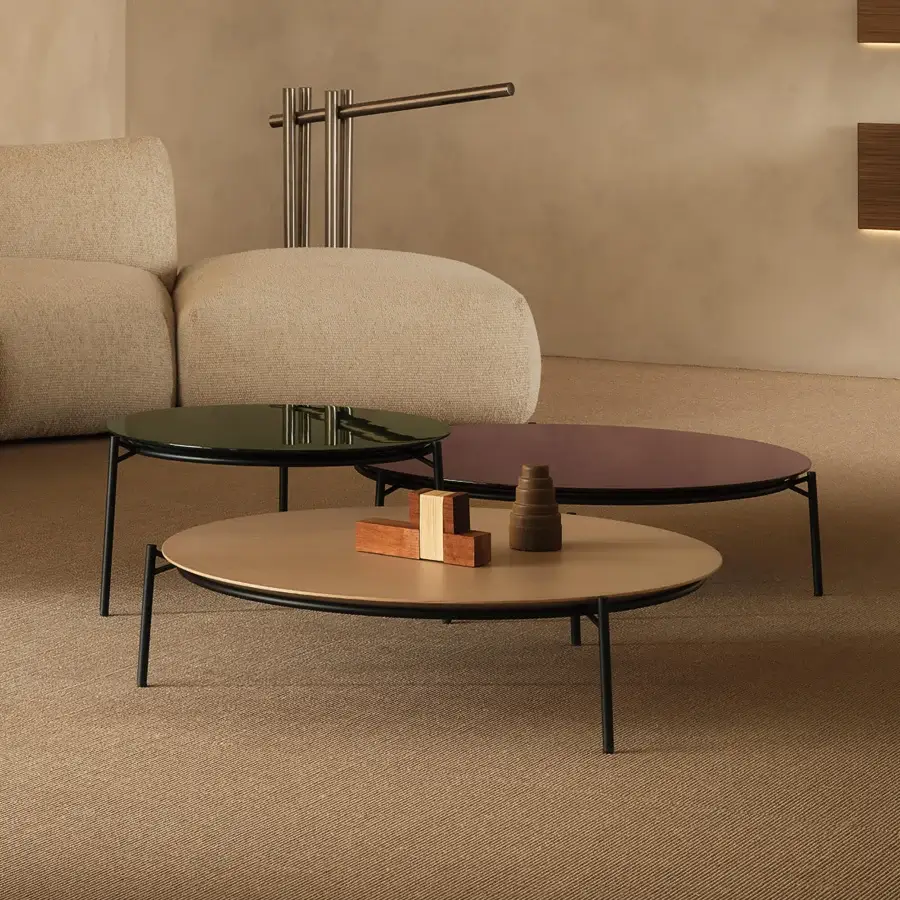 Distinguished MDF Italia Cantle low coffee & side table with glossy lacquered green tabletop and matte black steel frame