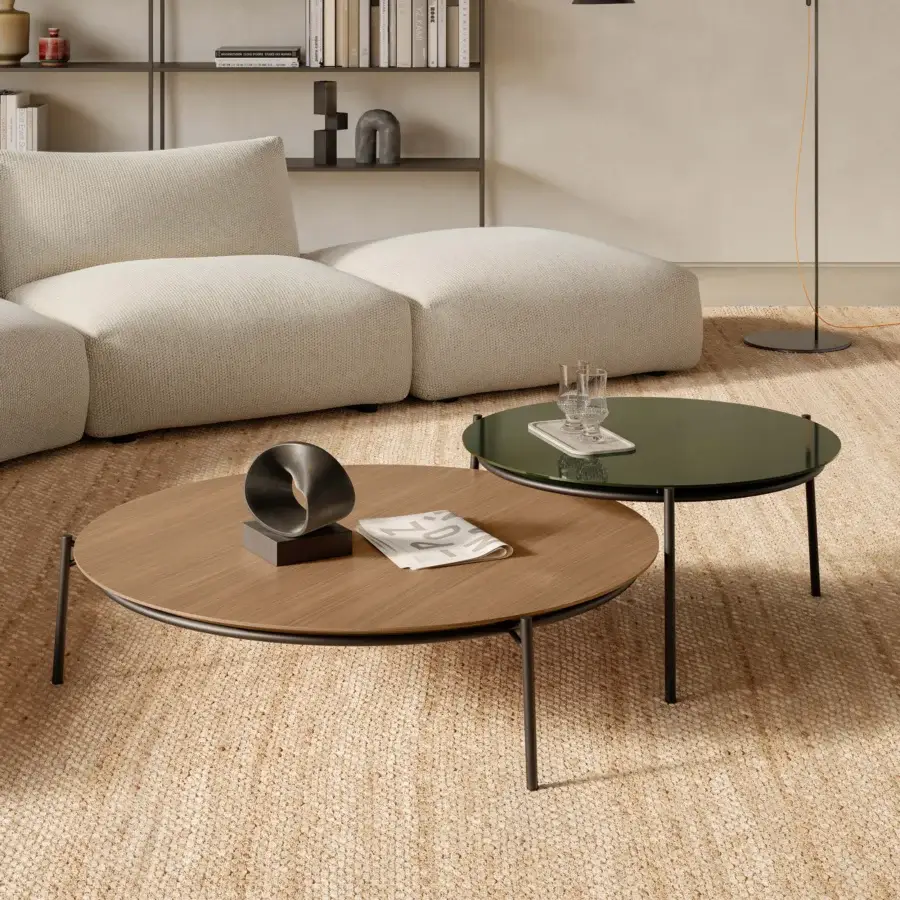 Elegant MDF Italia Cantle low coffee & side table with graphic steel frame and Canaletto walnut tabletop in a satin finish