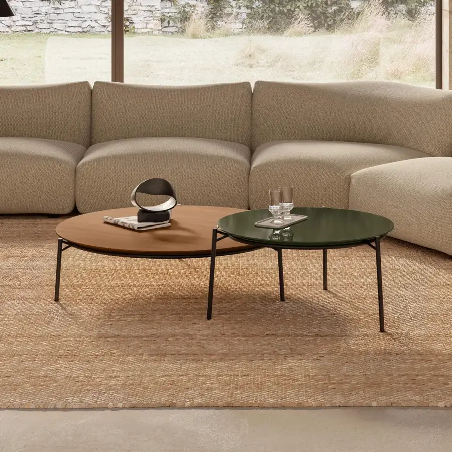 Distinctive MDF Italia Cantle low coffee & side table with rounded Canaletto walnut top and satin finish, built with slender matte black metal legs