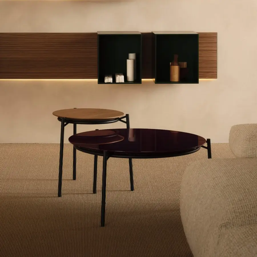 Superior MDF Italia Cantle low coffee & side table with a rounded silhouette in Canaletto walnut and matte black steel construction