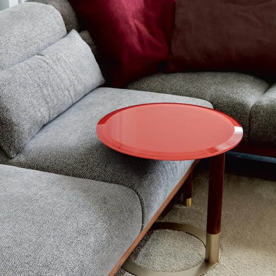 Distinguished Porada Jok side table with red matt lacquered tabletop and Canaletto walnut pole built with a black chromed metal base