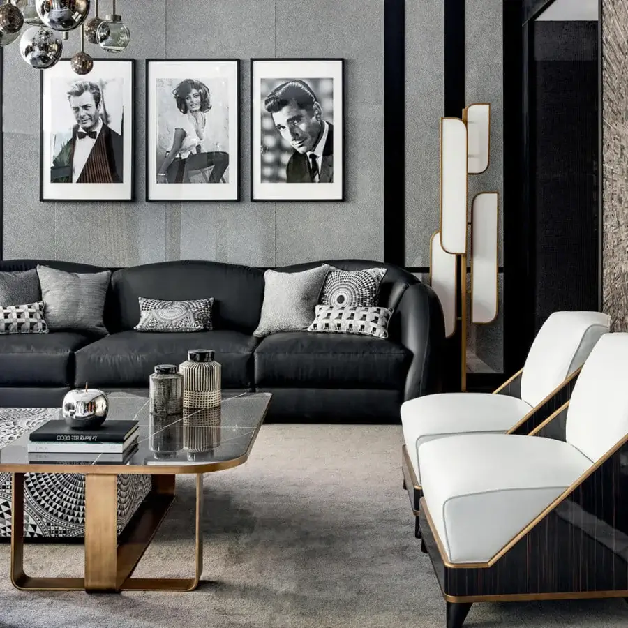 Lavish Sicis Visconti sectional with mixed feather cushions upholstered in deep charcoal gray textile and lacquered wood base