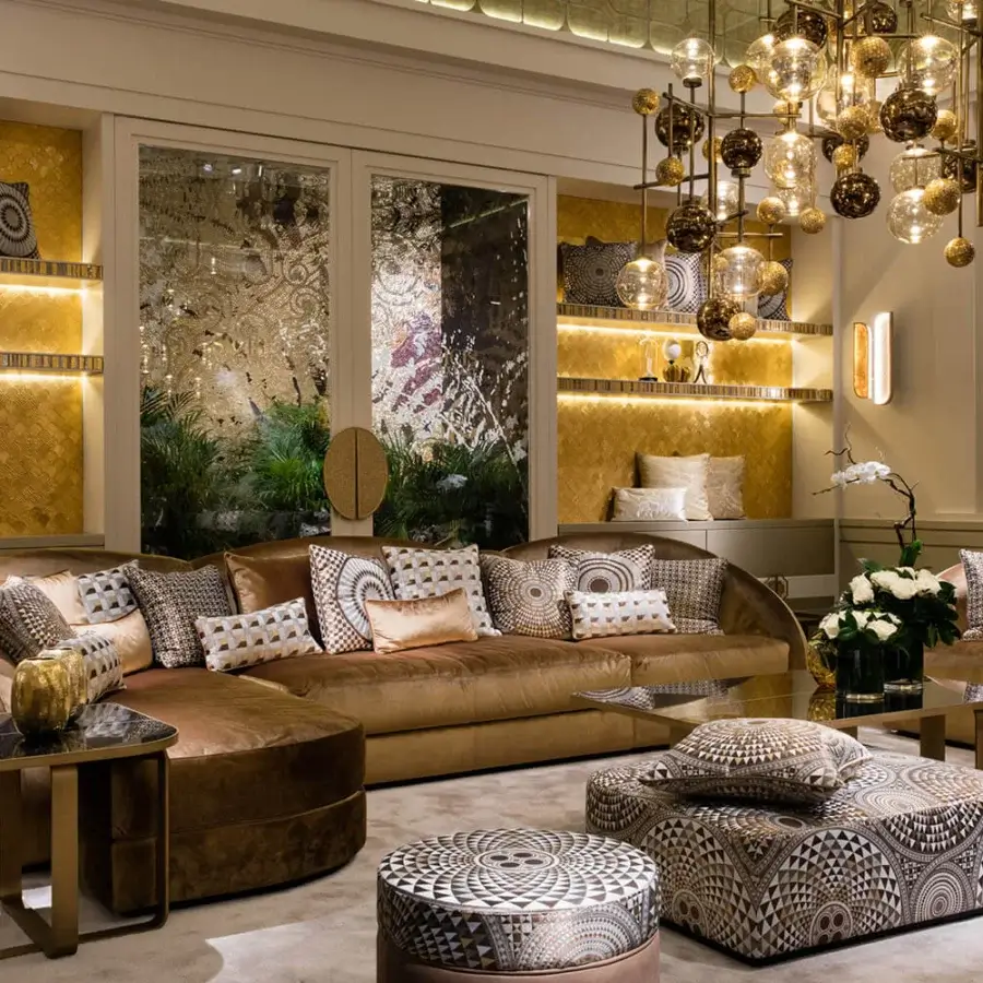 Exceptional Sicis Visconti sectional with plush mixed feather cushions upholstered in warm medium brown textile and solid wood construction