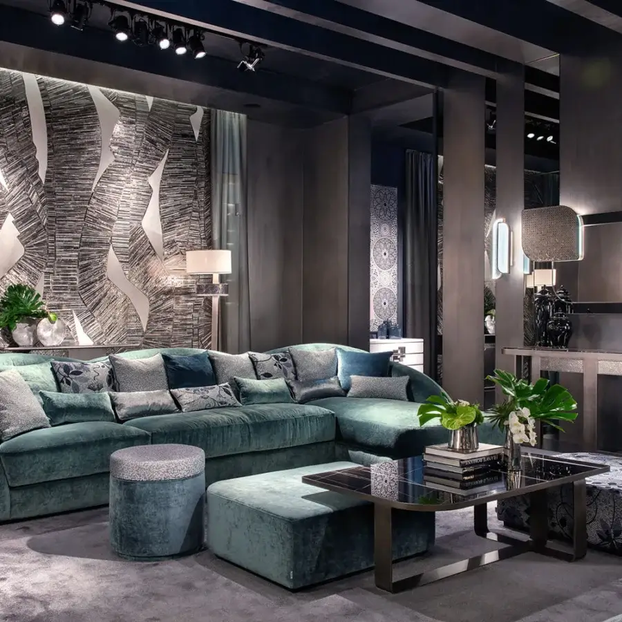 Distinguished Sicis Visconti sectional with traditionally styled lines upholstered in muted teal fabric and lacquered wood base