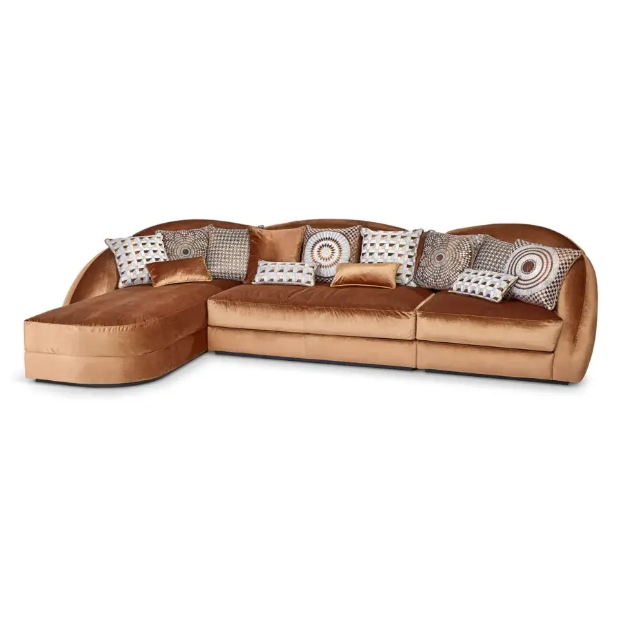 Exceptional Sicis Visconti sectional with traditionally styled lines upholstered in reddish-brown textile and lacquered wood base