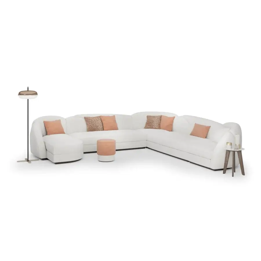 Superior Sicis Visconti sectional with traditionally styled lines upholstered in textured off-white textile and lacquered wood base