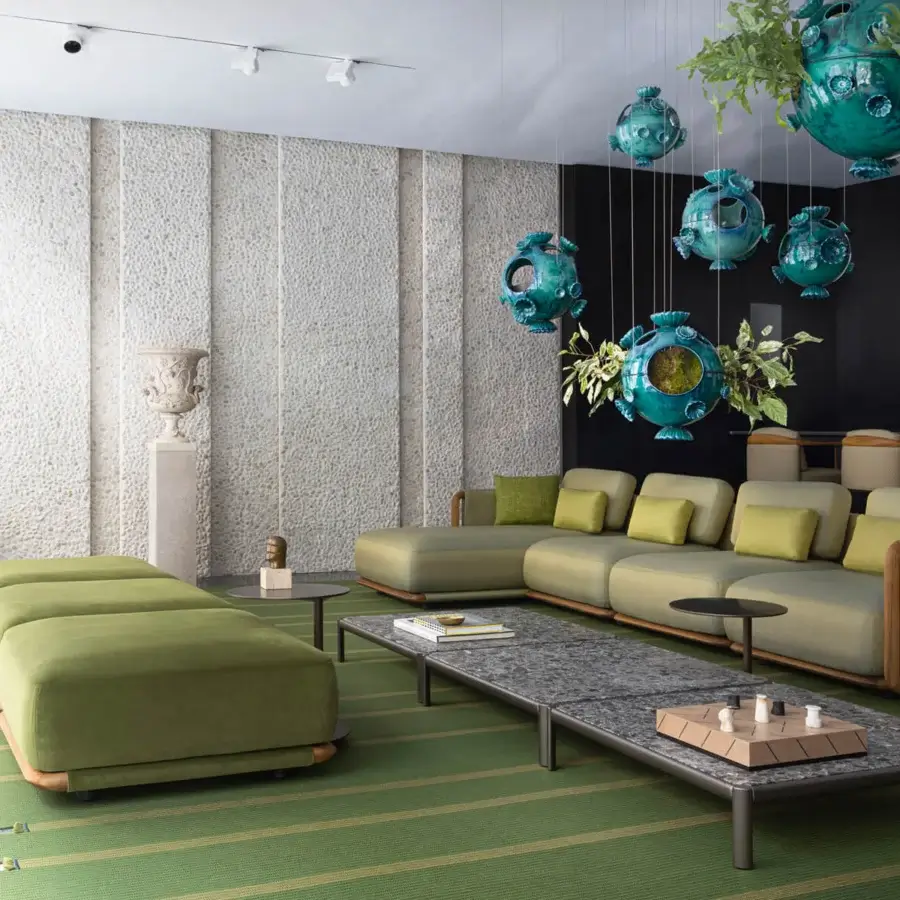 Distinguished Giorgetti Moorea sectional with pewter painted stainless steel, teak inserts and muted green draining rubber upholstery