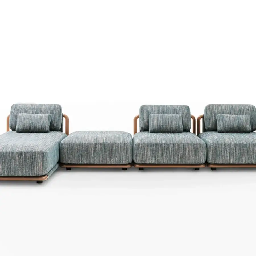 Superior Giorgetti Moorea sectional with a pewter painted stainless steel frame and teal striped textile upholstery