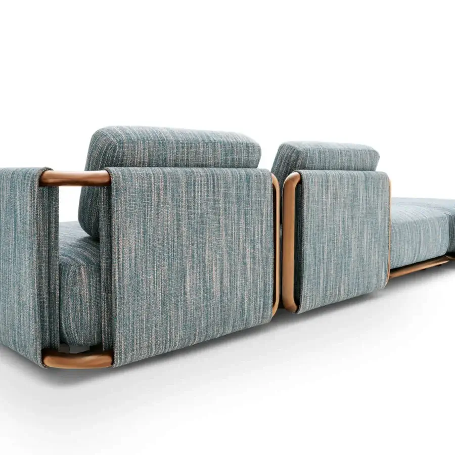 Exceptional Giorgetti Moorea sectional with pewter painted stainless steel and teak, upholstered in muted blue-green Open-Air fabric