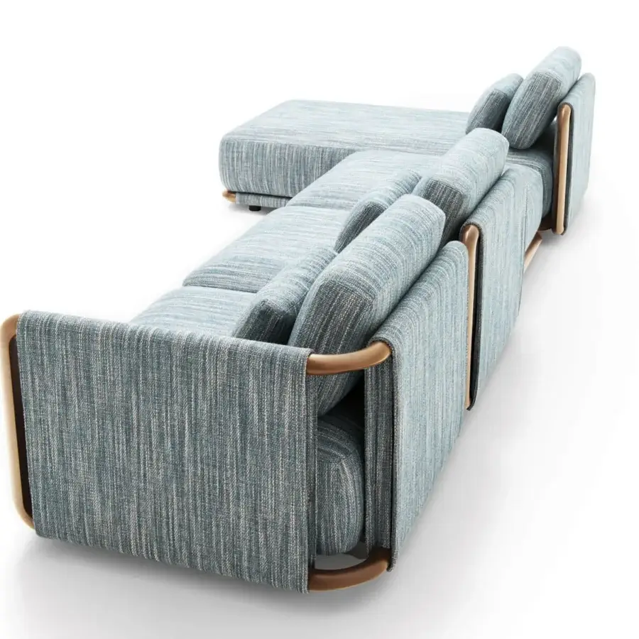 Lavish Giorgetti Moorea sectional with pewter painted stainless steel, teak inserts and muted blue-grey woven upholstery