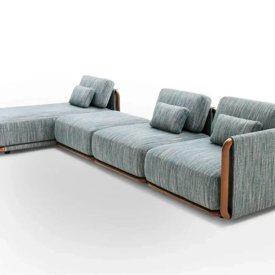 Distinguished Giorgetti Moorea sectional with pewter stainless steel, teak inserts and muted blue-green Open-Air fabric upholstery