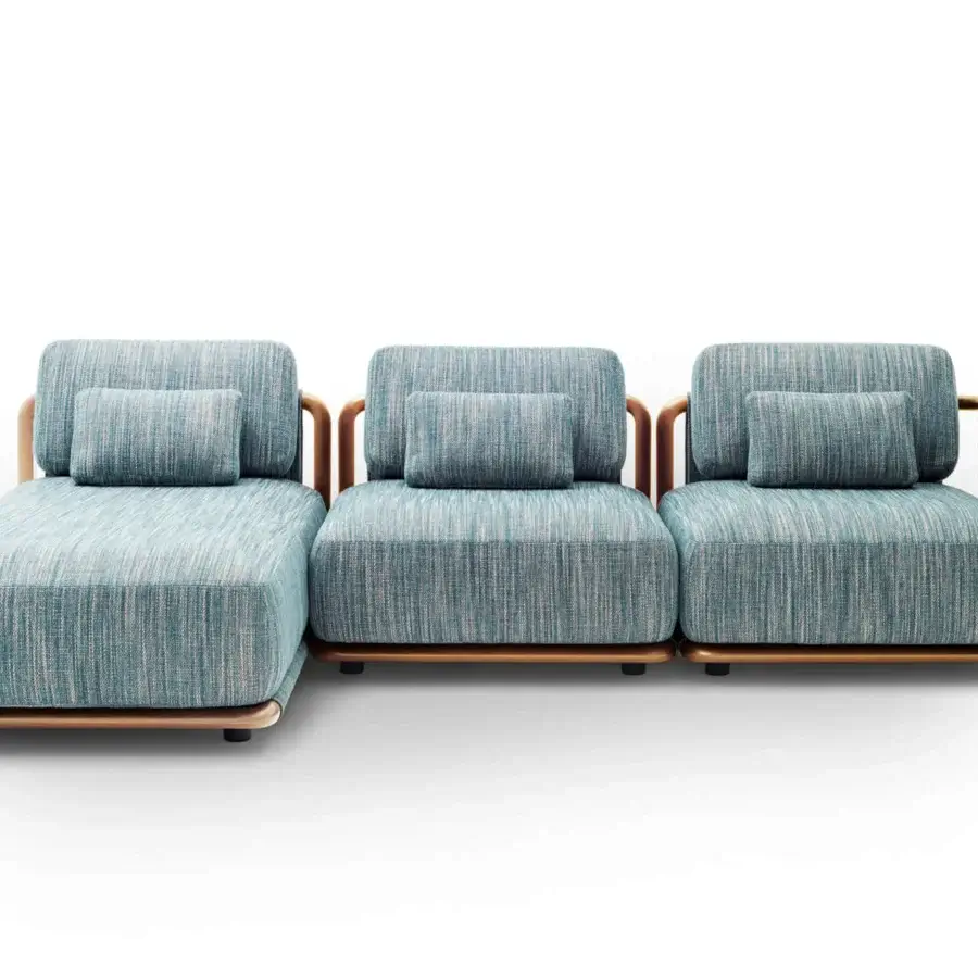 Superior Giorgetti Moorea sectional with pewter painted stainless steel, teak inserts and muted teal textile upholstery