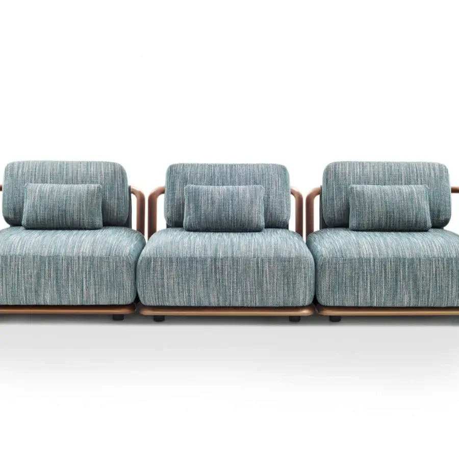 Exceptional Giorgetti Moorea sectional with pewter painted stainless steel, teak inserts and muted teal removable upholstery