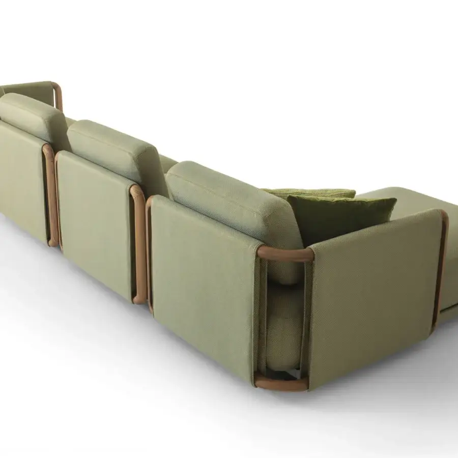 Captivating Giorgetti Moorea sectional with pewter stainless steel frame, painted Teak inserts, and olive green Open-Air textile upholstery