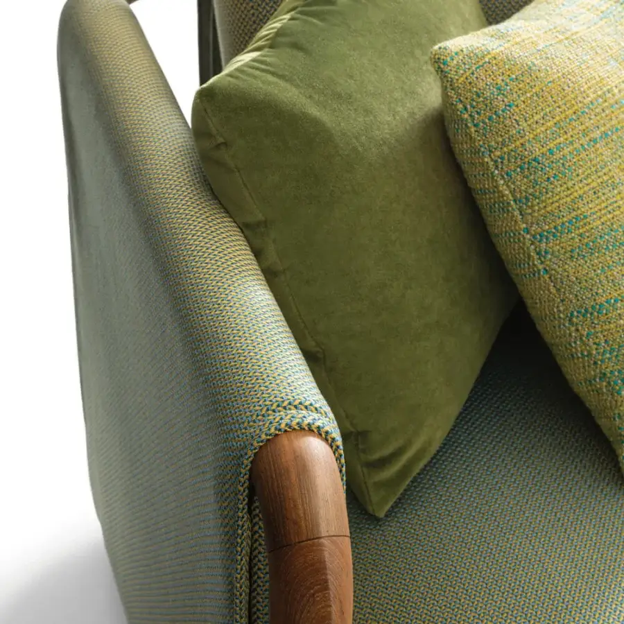 Exclusive Giorgetti Moorea sectional with woven blue and yellow upholstery, pewter stainless steel frame, plus olive-green velvet cushion