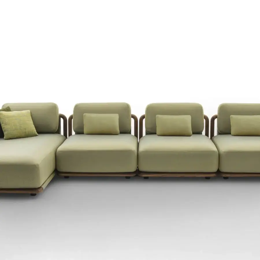 Superior Giorgetti Moorea sectional with pewter stainless steel frame and painted Teak, upholstered in muted olive green textured textile