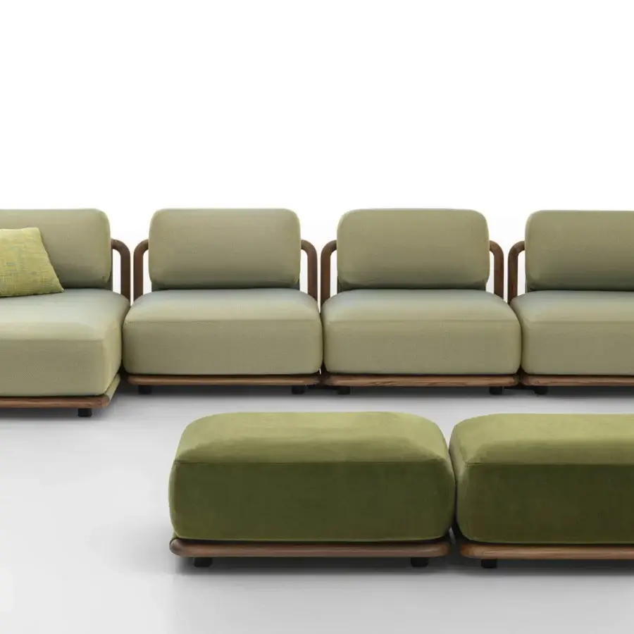 Elegant Giorgetti Moorea sectional with pewter stainless steel frame and painted Teak inserts, upholstered in muted olive green textile