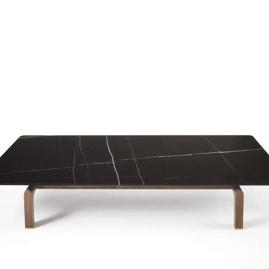 Distinguished Porada Quay coffee table with black marble and white veining in solid Canaletto wood with brushed brass feet