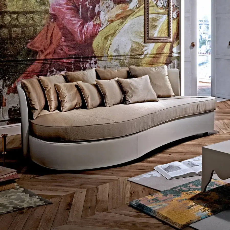 Lavish Sicis Bloom sofa with stylized leaf shape upholstered in muted beige textile and timber frame