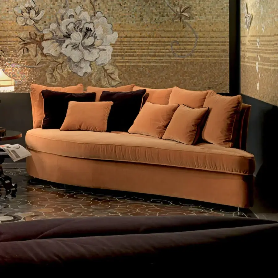 Distinguished Sicis Bloom sofa with a stylized leaf shape upholstered in terracotta orange textile and soft matte finish