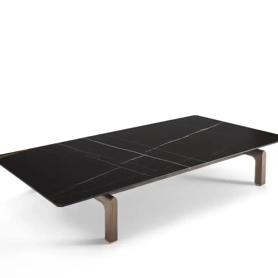 Superior Porada Quay coffee table with marble exhibiting gold veining and recessed Canaletto wood built with brushed brass feet in matte finish