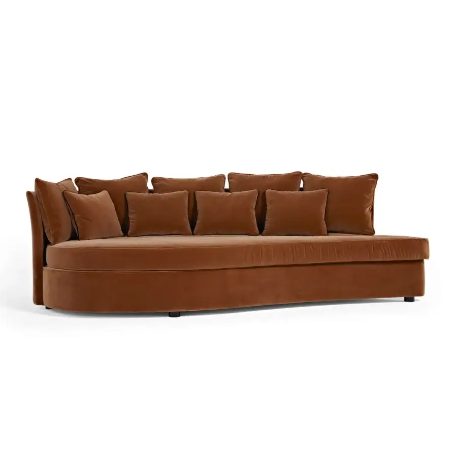 Lavish Sicis Bloom sofa with a stylized leaf shape upholstered in textured reddish-brown velvet and built with a solid timber frame
