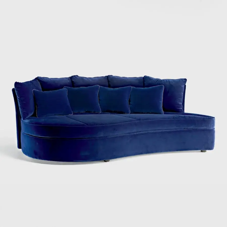 Superior Sicis Bloom sofa with a distinctive leaf-like form upholstered in deep blue velvet with a matte finish