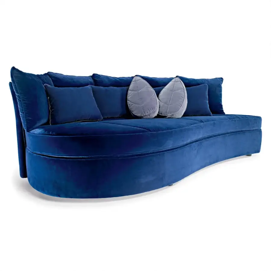 Exceptional Sicis Bloom sofa with sculpted leaf form upholstered in plush royal blue velvet and mixed feather cushions