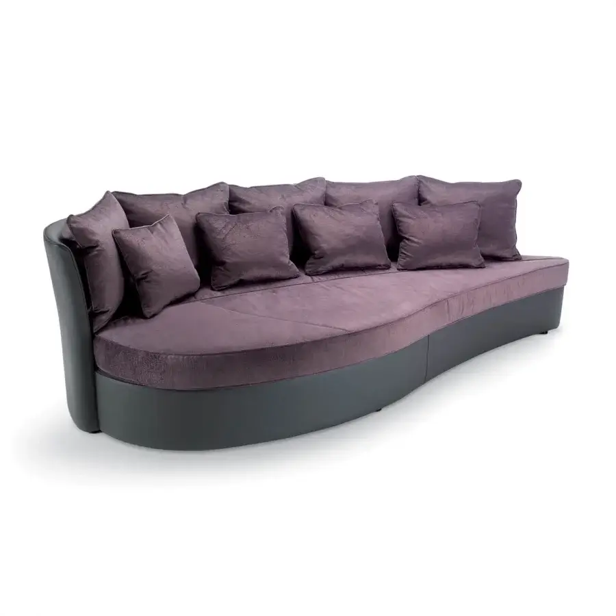 Captivating Sicis Bloom sofa with a uniquely stylized leaf shape upholstered in muted lavender textile and built with a solid timber frame