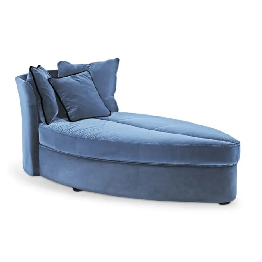 Lavish Sicis Bloom Meridienne chaise lounge crafted in matte blue velvet with timber and plywood frame