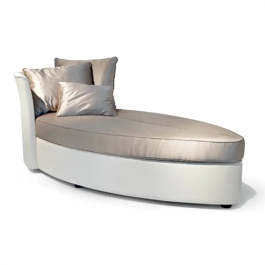 Distinguished Sicis Bloom Meridienne chaise lounge with graceful curves and satin-like upholstery displaying a champagne-to-golden gradient