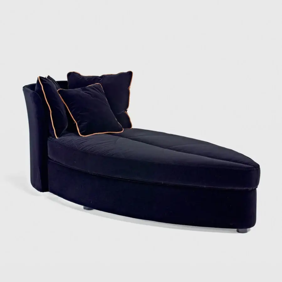 Lavish Sicis Bloom Meridienne chaise lounge in deep navy blue velvet with orange trim back cushions
