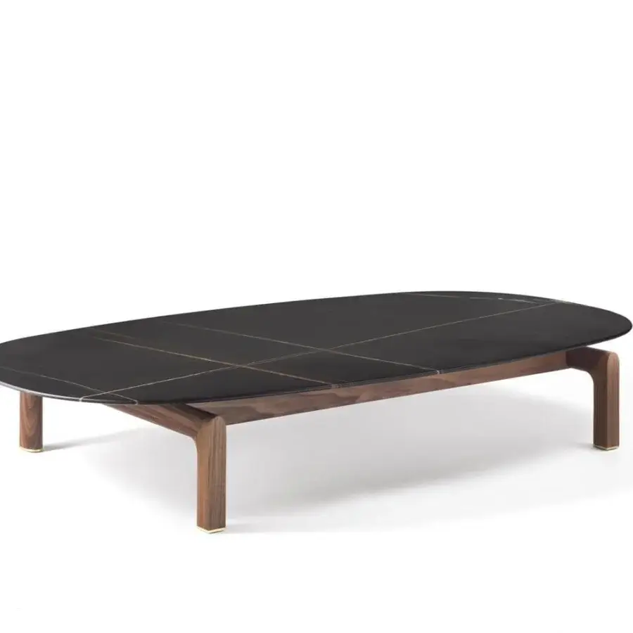Distinguished Porada Quay coffee table with recessed solid Canaletto wood and dark grid-patterned surface with brushed brass feet