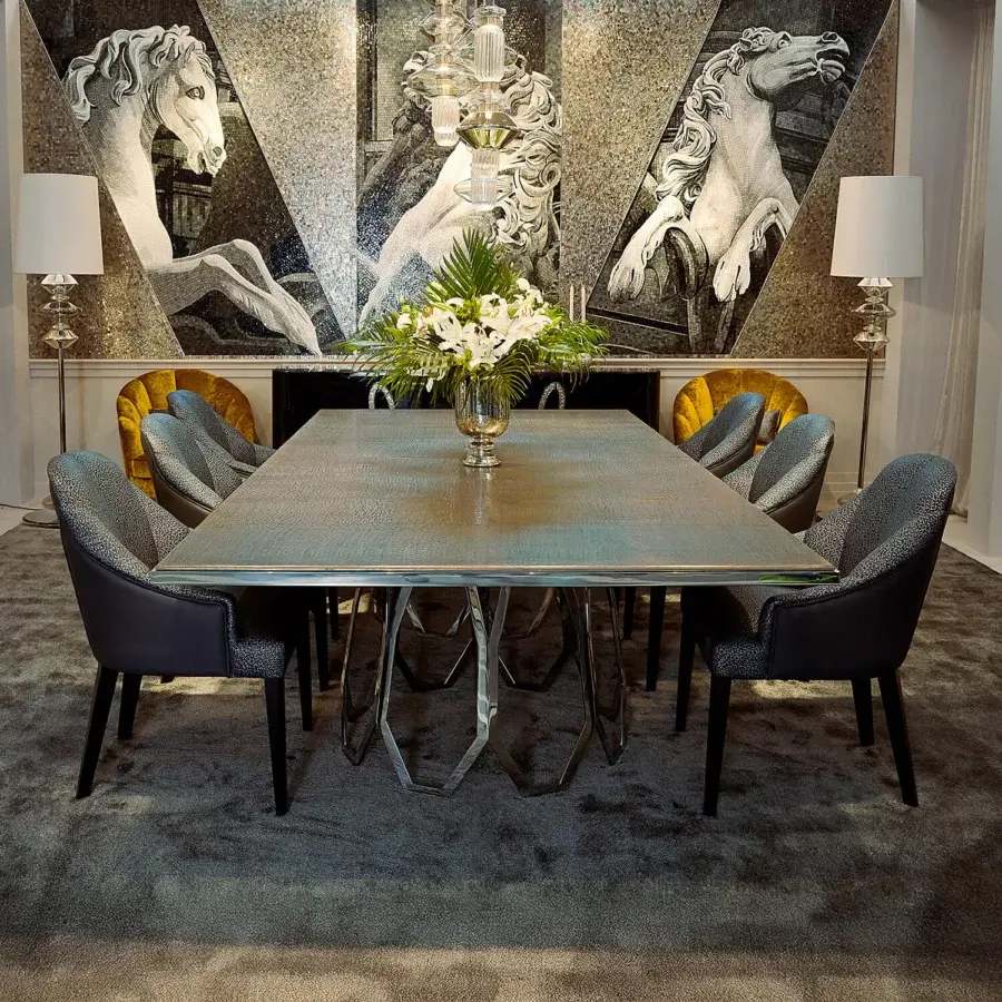 Exceptional Sicis Borgia table with dark toned tabletop and silvery metal X-shaped support crafted in Italy