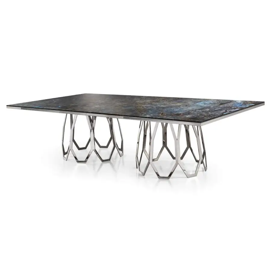Exclusive Sicis Borgia table with dark veined marble tabletop and polished metal base embodies Italian craftsmanship