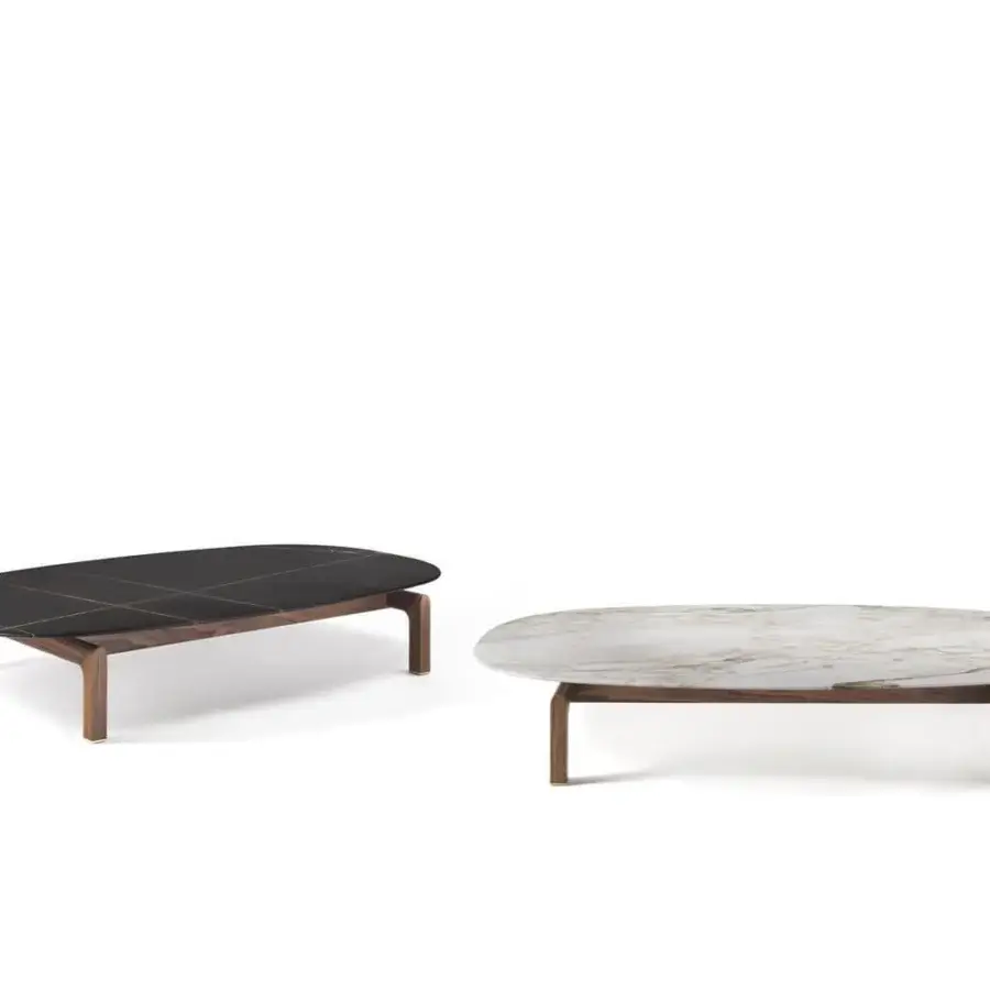 Elegant Porada Quay coffee table with recessed solid Canaletto wood and light marble-like top with brushed brass end feet