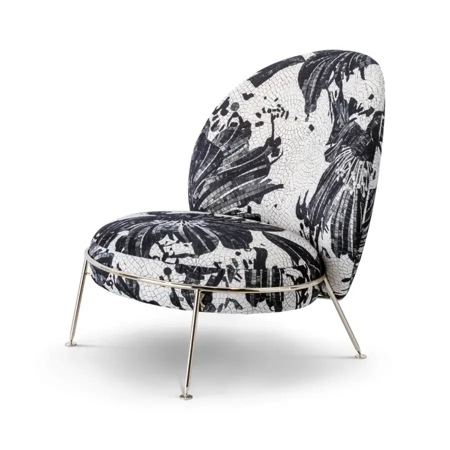 Superior Sicis Amaretto art lounge chair upholstered in black and white mosaic textile with smooth finish