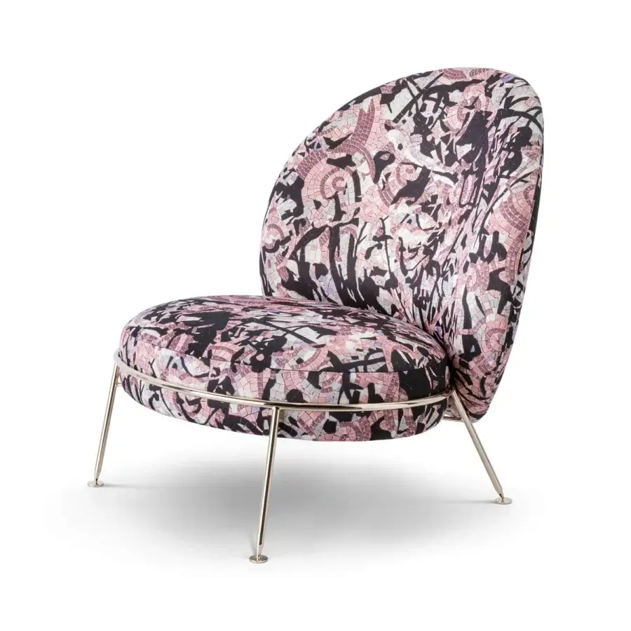 Exceptional Sicis Amaretto art lounge chair with black, pink and white mosaic textile and gold-toned metal base with coated finish
