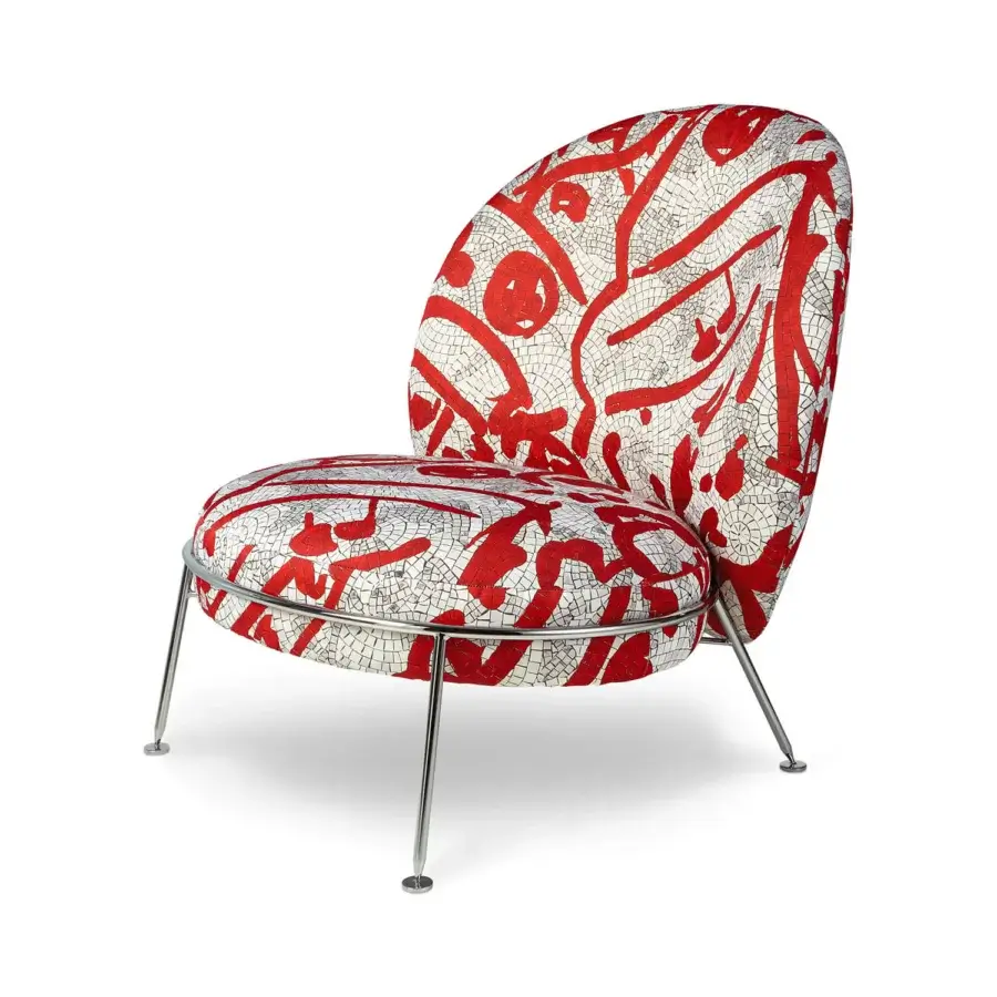 Distinctive Sicis Amaretto art lounge chair with red and white textile upholstery and sleek metal base with coated finish