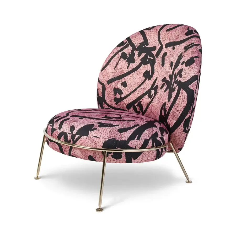 Exceptional Sicis Amaretto art lounge chair with pink textile upholstery and gold-toned metal legs crafted in Italy
