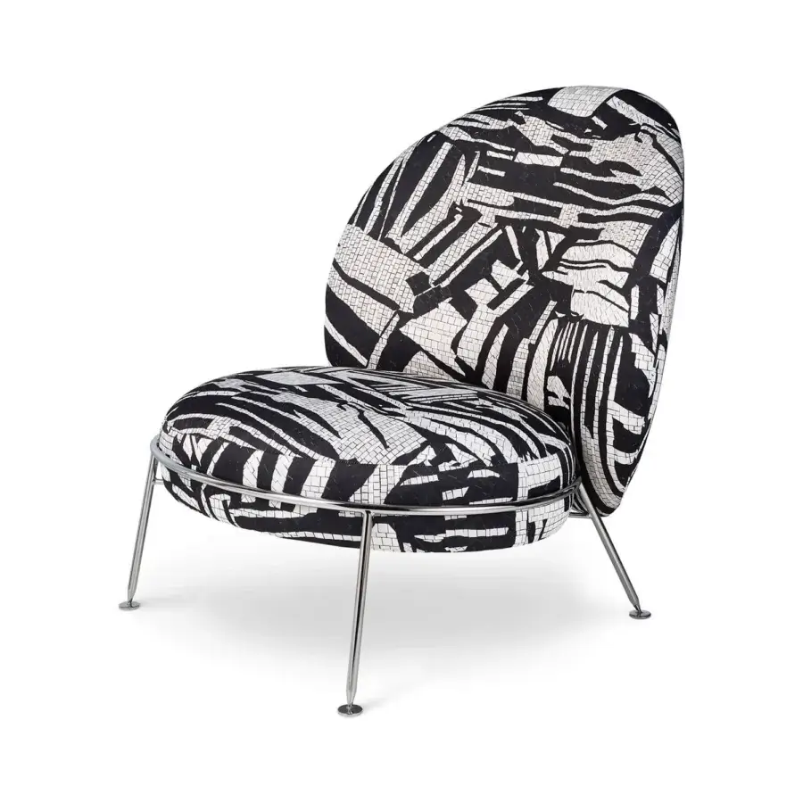 Elegant Sicis Amaretto art lounge chair with black and white mosaic textile upholstery and coated metal base