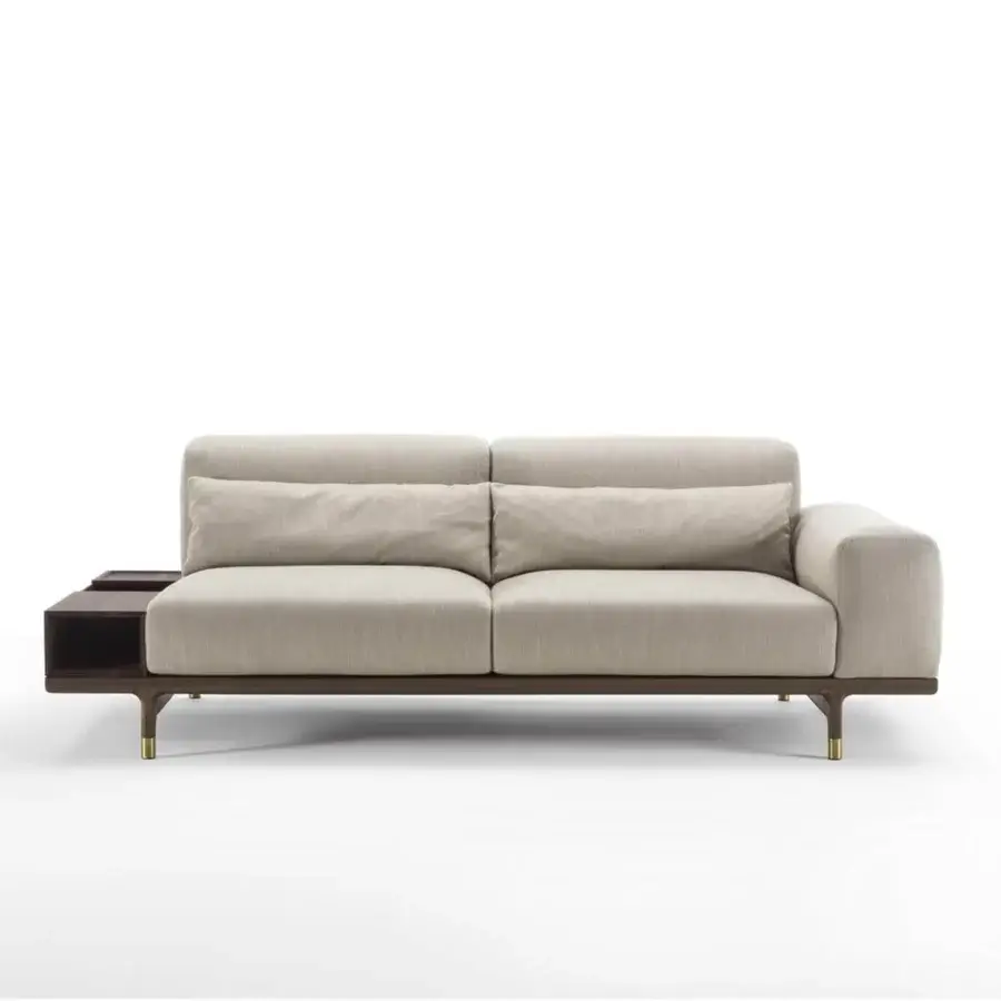 Exceptional Porada Argo sofa container with light beige textile upholstery and solid Canaletto walnut structure in brushed brass finish