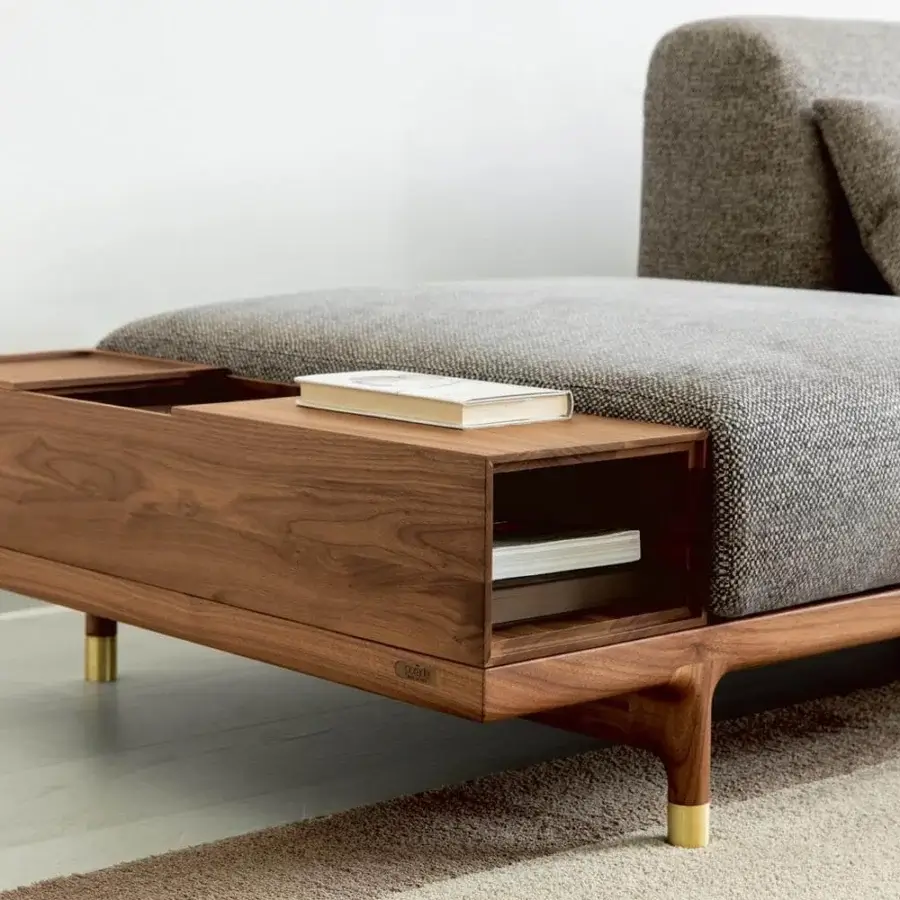 Superior Porada Argo sofa container upholstered in textured gray textile with Canaletto walnut and brushed brass feet