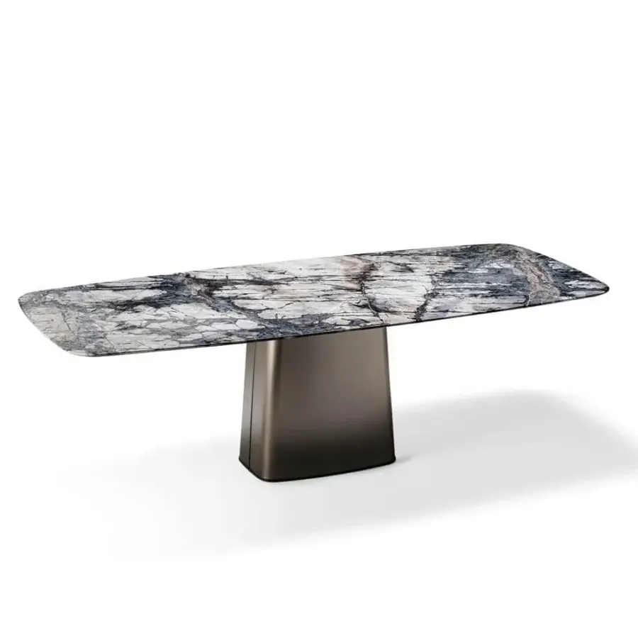 Lavish Arketipo Icon table with shaped Slate Grey marble top and micaceous brown varnished metal pedestal base