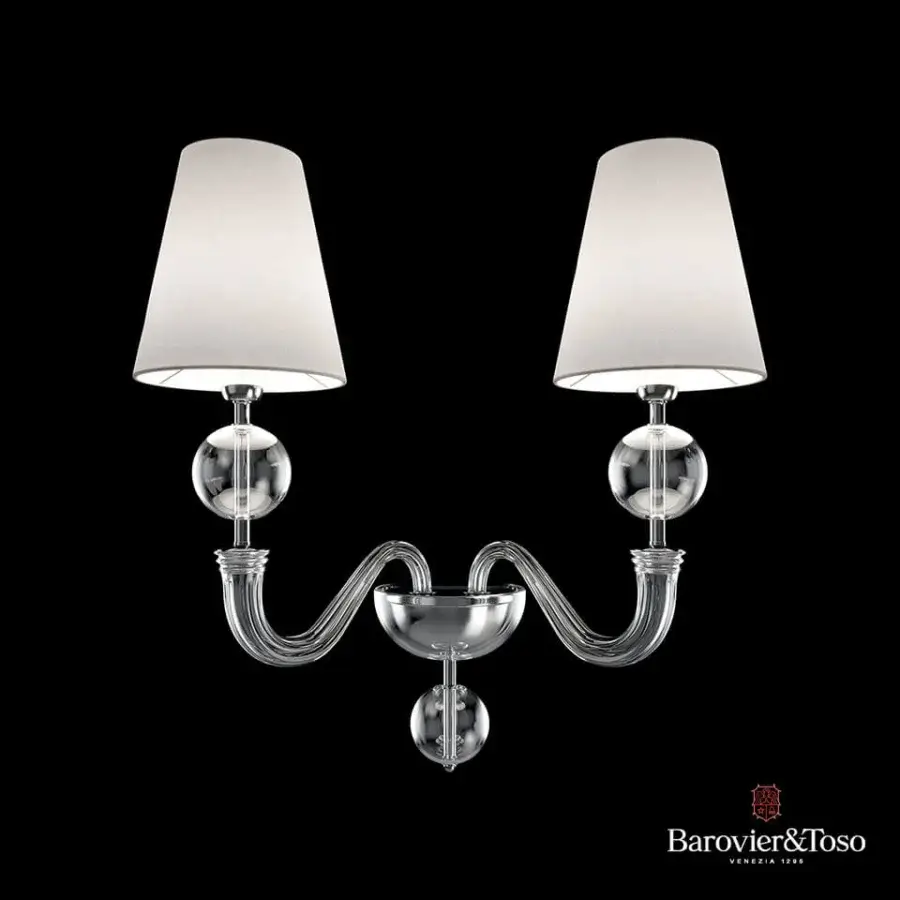 Vermont wall lamps, chrome finish, curved arms with beige conical shades and spherical glass details by Barovier&Toso Venezia 1295.