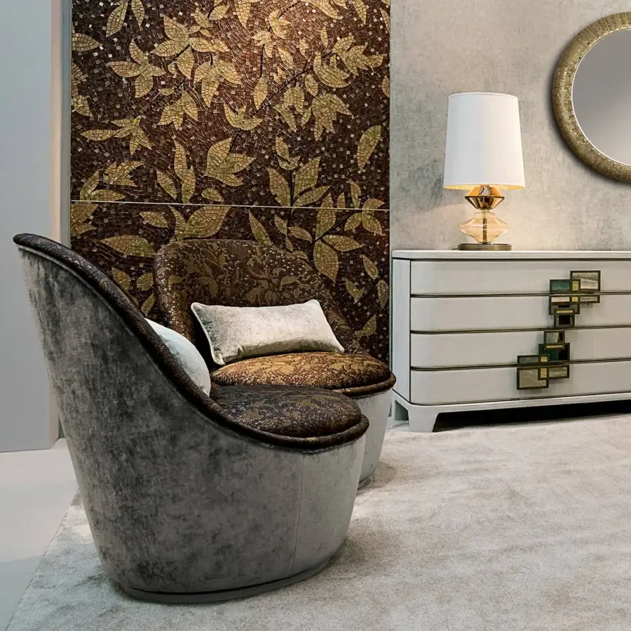 Exceptional Sicis Blossom lounge chair with textured grayish-brown upholstery and coated metal base allowing circular motion