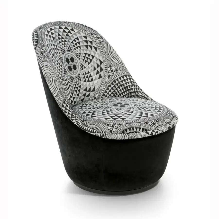 Elegant Sicis Blossom lounge chair with black and white geometric textile upholstery and dark coated-metal base crafted in Italy