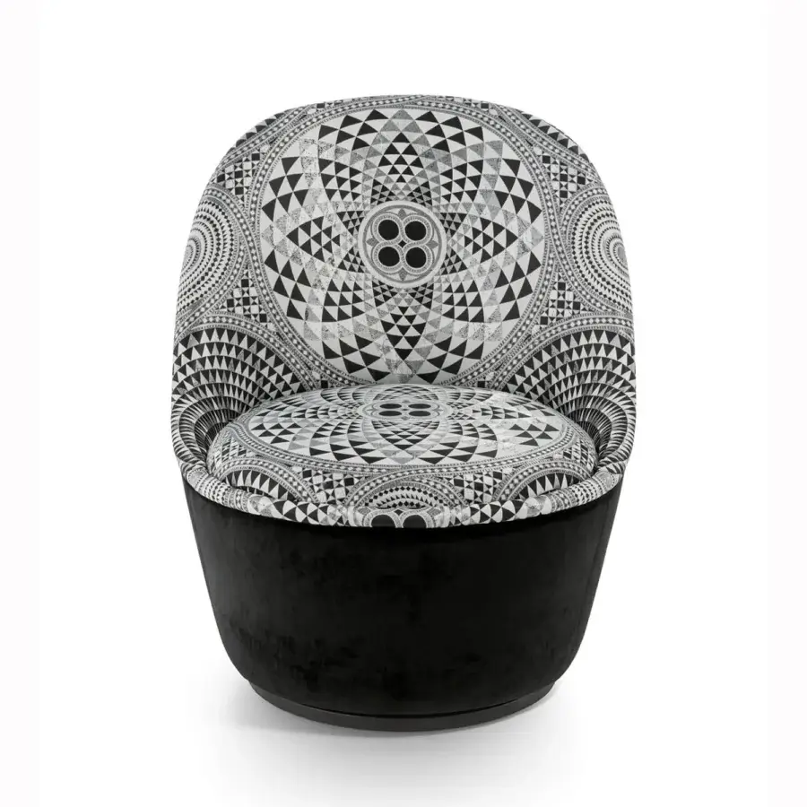 Superior Sicis Blossom lounge chair with black and white geometric textile upholstery and dark-toned metal base crafted in Italy