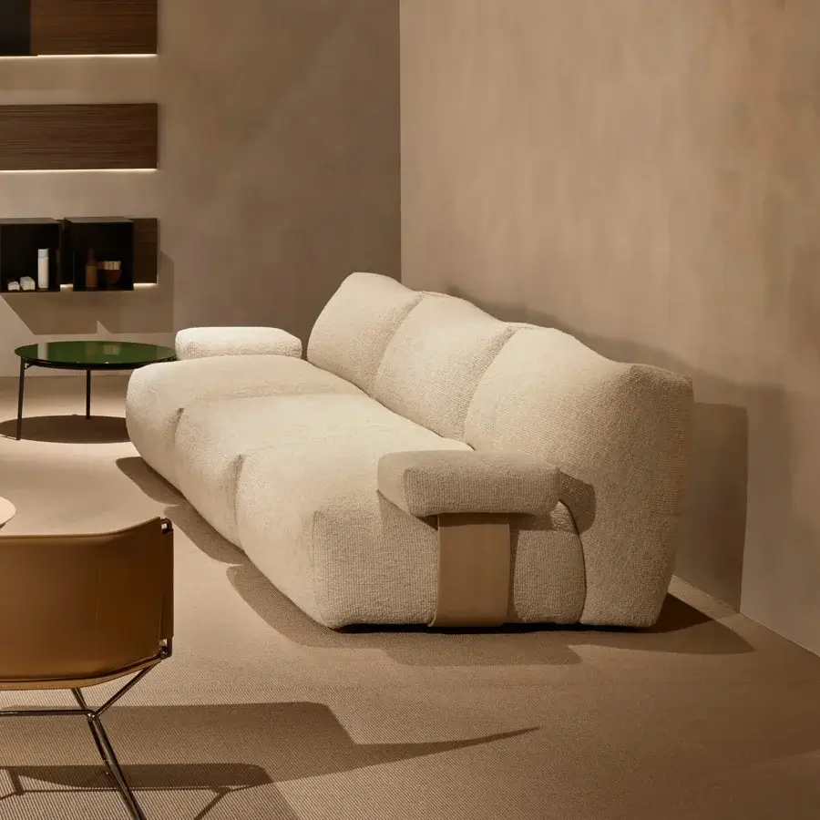 Superior MDF Italia Goom sectional with textured matte beige bouclé textile and warm brown wooden base